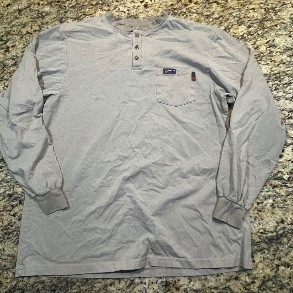 Lapco FR Flame Resistant Henley Shirt Mens XL Long Khaki Tan NFPA 2112 CAT 2
